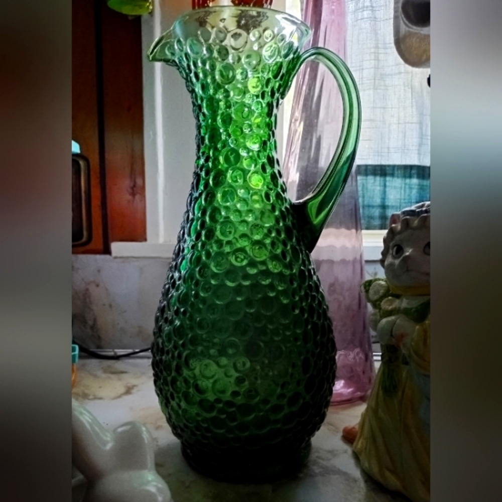 Antique Emerald Green Bubble Hobnail Glass Tall Pitcher MCM